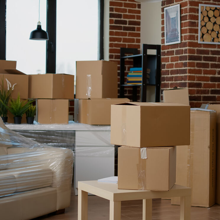 Nobody empty living room with cardboard packaging new home furniture things stack carton boxes no people household property with package cargo move real estate